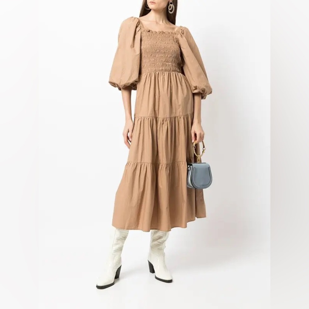 SEA Layered Shirred Midi‎ Dress Tan Color Size 4